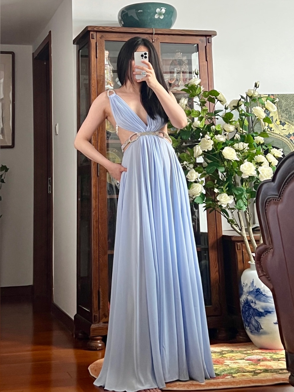 Bronx & Banco Blue Brielle Embellished Chain HighSlit Backless Gown S NWOT